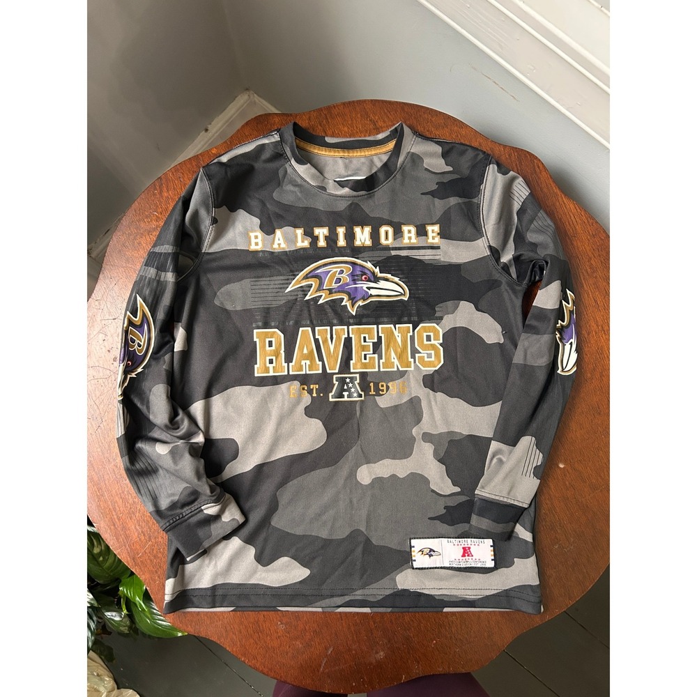 NFL Team Apparel Baltimore Ravens Kids Camo Long Sleeve Shirt Size 10-12 Gray